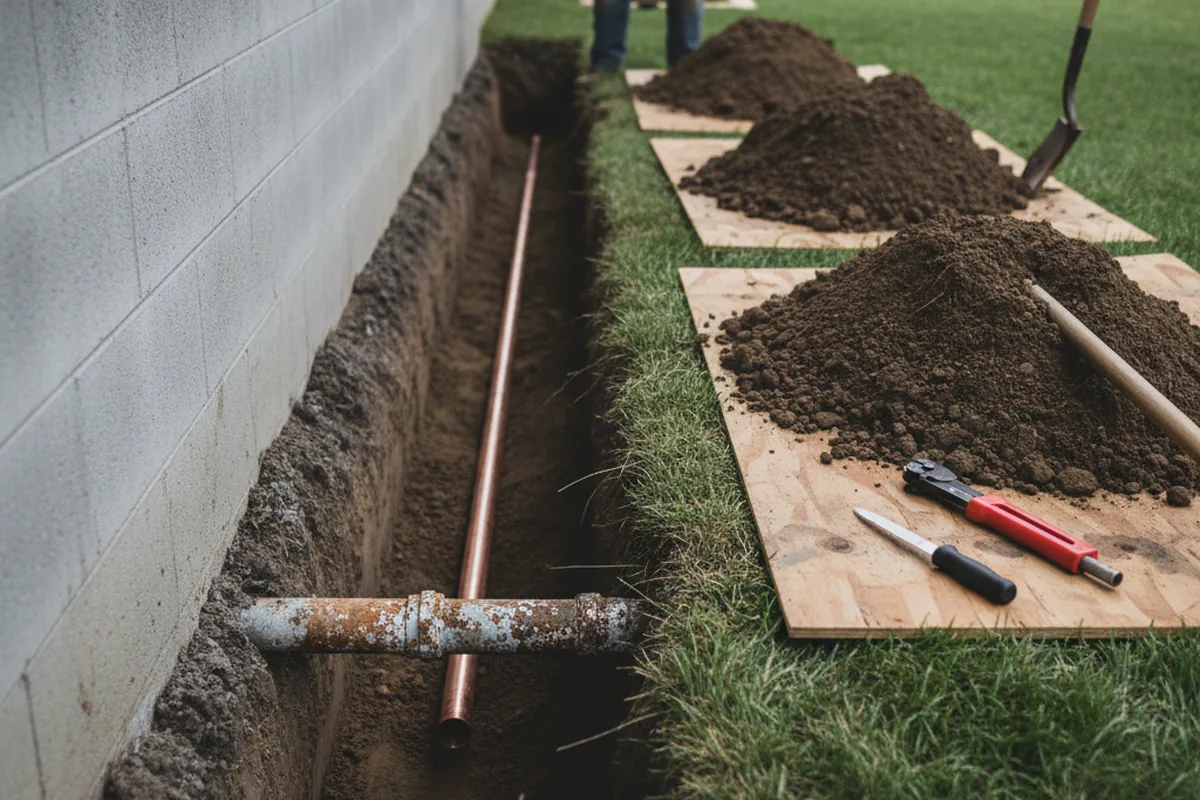 Excavated water line trench during Water Softener Installation in Bellaire
